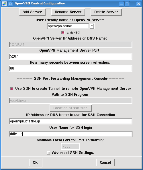 Για να συνδεθεί το πρόγραμμα με το mangment interfase του ΟpenVPN server, πρέπει, επιλέγοντας από το μενού File -> Configure OpenVPN Control, στην καρτέλα που θα εμφανιστεί, να οριστεί το ΟpenVPN