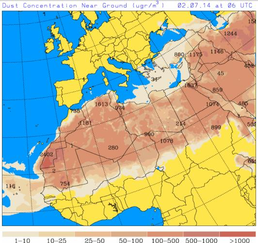 Εικόνα 34 Παράδειγμα μεταφοράς σκόνης από την βόρεια ζώνη της Αφρικής προς την ανατολική Μεσόγειο, την 2 α Ιουλίου 2014.