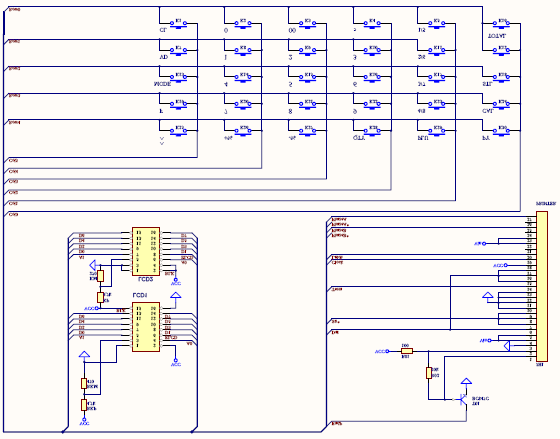 14 SKANIRANJE TASTATURE Mikrokontroler tastaturu vidi kao dio RAM-a i signali za selekciju kolona su napravljeni pomoću dioda VD1-VD6. Kod pritisnutog tastera čita se preko bafera BUF.