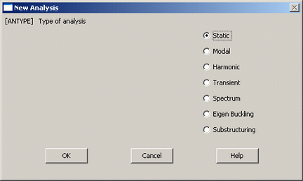 Βήμα 8: Ορισμός είδους ανάλυσης Ορίζουμε το είδος της ανάλυσης ως εξής: Από το αριστερό μενού Solution > Analysis type > New analysis και στη καρτέλα που εμφανίζεται επιλέγουμε Static Bήμα 9: Ορισμός