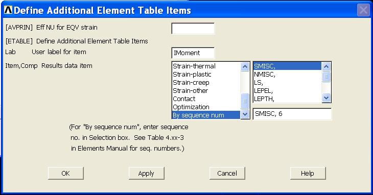 Δ) Διάγραμμα καμπτικών τάσεων : Από το μενού General Postprocessor επιλέγουμε Element Table > Define Table, πατάμε Add και εμφανίζεται η παρακάτω