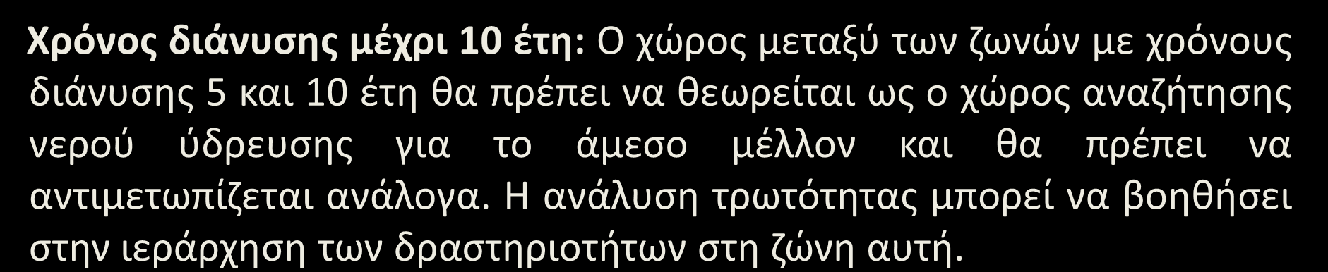 Ζώνες προστασίας (6/13) Χρόνος διάνυσης μέχρι 5 έτη: Στο χώρο μεταξύ των ζωνών με χρόνους διάνυσης έξι μηνών και πέντε ετών, θα πρέπει να δίνεται έμφαση στην αναγνώριση και στον έλεγχο των πιθανών