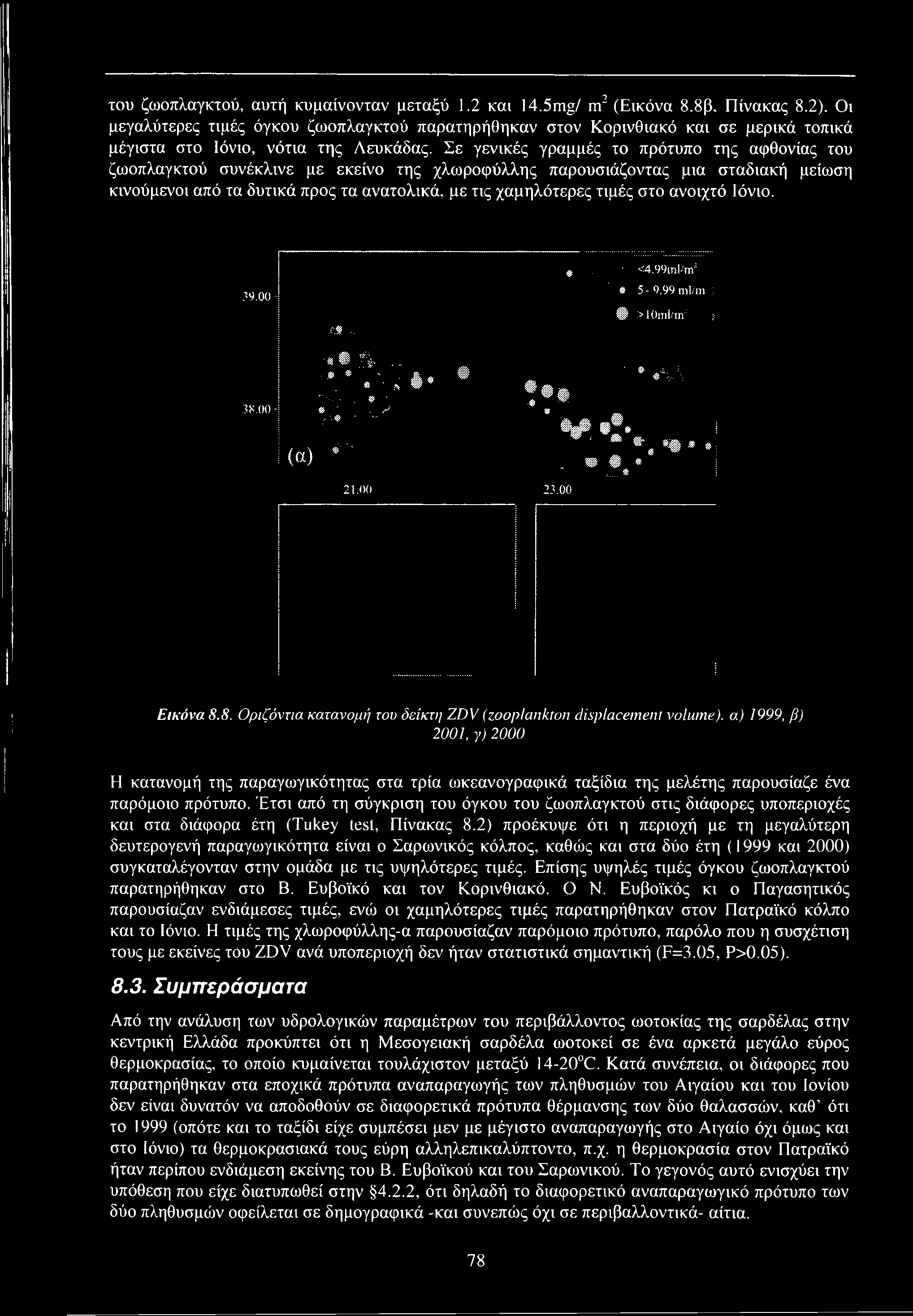 του ζωοπλαγκτού, αυτή κυμαίνονταν μεταξύ 1.2 και 14.5mg/ m2 (Εικόνα 8.8β, Πίνακας 8.2).