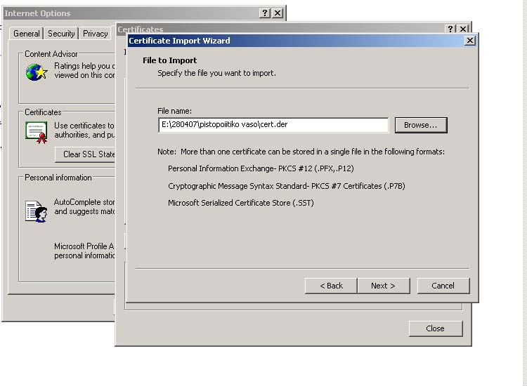 Σχήμα 7. Οδηγός εγκατάστασης πιστοποιητικού. Πατώντας browse εντοπίζουμε την τοποθεσία που έχουμε αποθηκεύσει το πιστοποιητικό και πατάμε Open για να μπει το path στον οδηγό. Πατάμε next. Σχήμα 8.