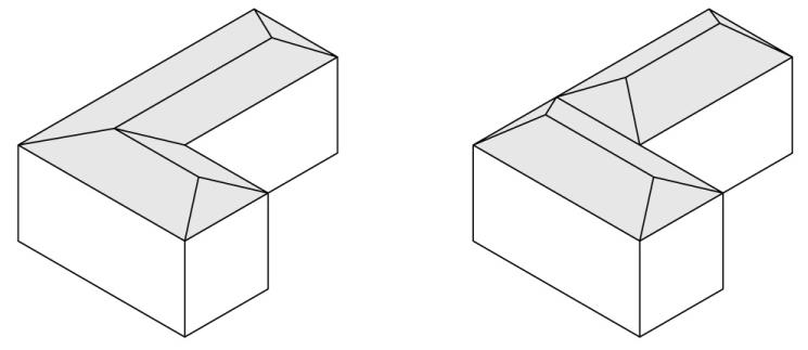 εικ 3. Στα σχήματα 1 και 2 παρουσιάζονται οι ενδεικνυόμενοι τρόποι κάλυψης των διώροφων κτιριακών όγκων, με τετράριχτη και δίριχτη στέγη αντίστοιχα.