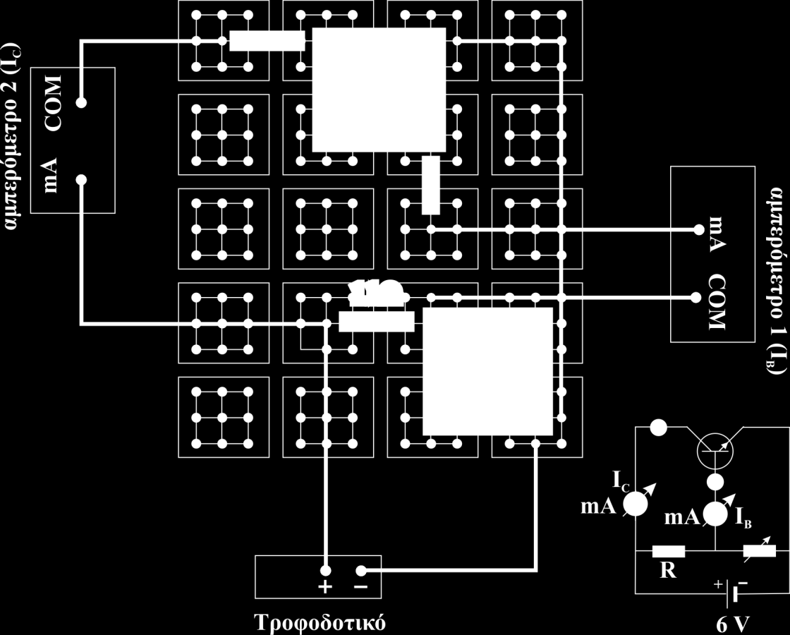 Εικόνα 18.18 Συνδεσμολογία «κοινής βάσης» για τη μελέτη της χρήσης ενός τρανζίστορ ως ενισχυτή ρεύματος. 18. Ανοίγουμε και τα δύο αμπερόμετρα (βλ. Εικόνα 18.