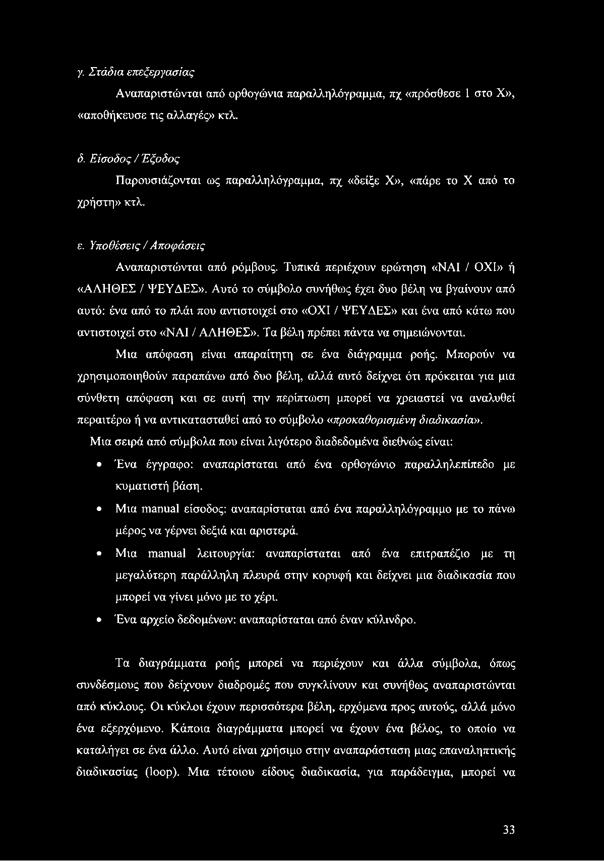 γ. Στάδια επεξεργασίας Αναπαριστώνται από ορθογώνια παραλληλόγραμμα, πχ «πρόσθεσε 1 στο X», «αποθήκευσε τις αλλαγές» κτλ. δ. Είσοδος / Έξοδος χρήστη» κτλ.