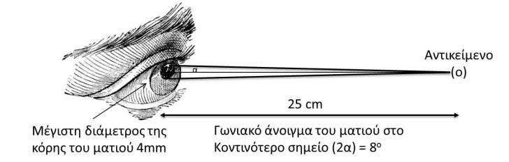 ΛΕΙΤΟΥΡΓΙΑ ΜΙΚΡΟΣΚΟΠΙΟΥ Καλύτερες συνθήκες λειτουργίας του επιτυγχάνονται στα 25cm Γωνία εισόδου οπτικών πληροφοριών είναι μόνο 8 ο (Σε Ο.Μ. με αντικειμενικό φακό έχει μία γωνία εισόδου ~175 ο ) Μικρότερο μέγεθος πληροφορίας που μπορεί να ερεθίσει τα οπτικά νεύρα είναι ~0.