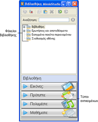 Πληροφορίες για το MimioStudio Το MimioStudio Βιβλιοθήκη αποτελείται από τους παρακάτω τέσσερις βασικούς φακέλους: Σχολιασμός οθόνης - περιλαμβάνει όλα τα αποθηκευμένα στιγμιότυπα σχολιασμού οθόνης.