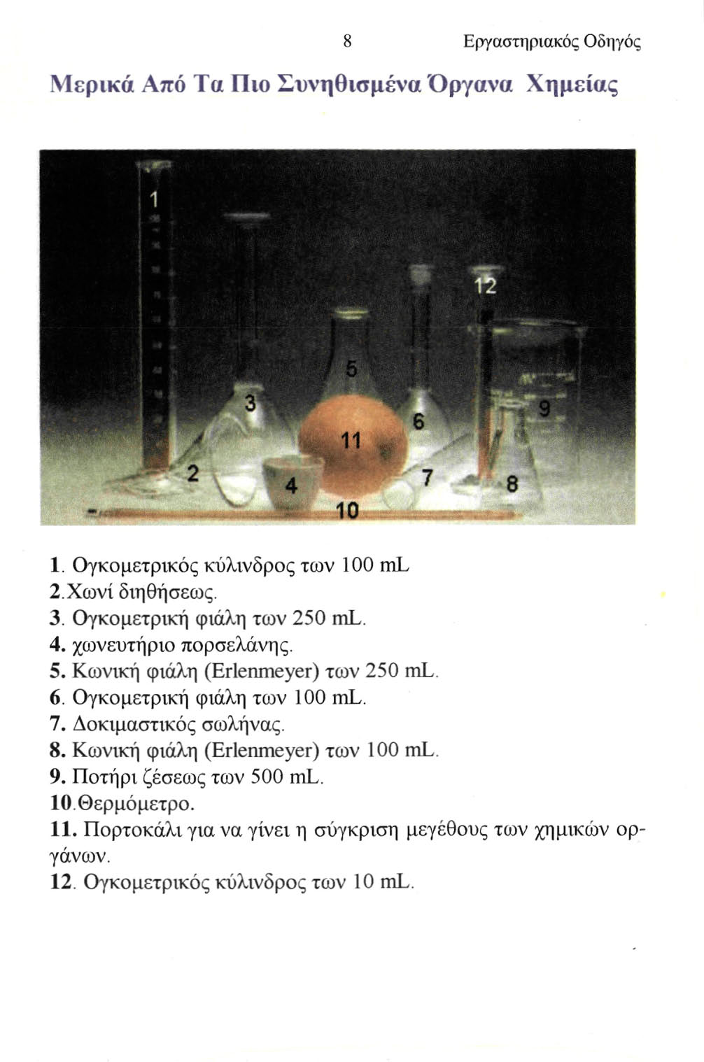 8 Εργαστηριακός Οδηγός Μερικά Από Τα Πιο Συνηθισμένα Όργανα Χημείας 1. Ογκομετρικός κύλινδρος των 100 ml 2.Χωνί διηθήσεως. 3. Ογκομετρική φιάλη των 250 ml. 4. χωνευτήριο πορσελάνης. 5.