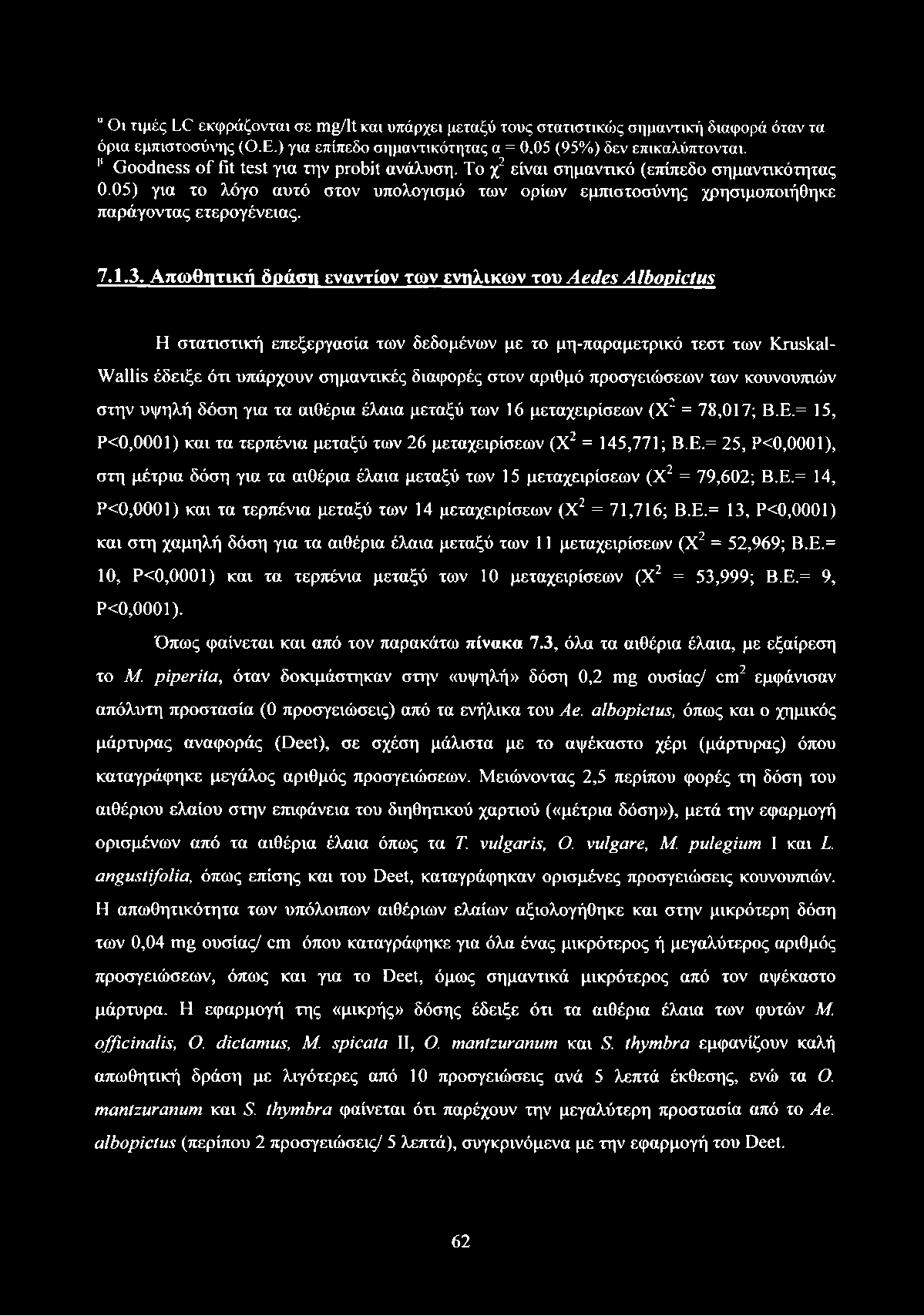 " Οι τιμές LC εκφράζονται σε mg/ΐΐκαι υπάρχει μεταξύ τους στατιστικώς σημαντική διαφορά όταν τα όρια εμπιστοσύνης (Ο.Ε.) για επίπεδο σημαντικότητας α = 0,05 (95%) δεν επικαλύπτονται.