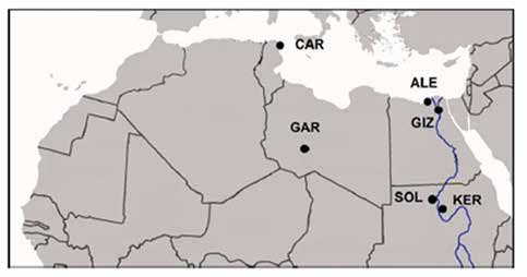 χάρτη της Εικόνας 7.25. Εικόνα 7.25 Χάρτης με τις θέσεις υπό μελέτη (GAR = Garamantes, CAR = Carthago, ALE = Alexandria, GIZ = Gizeh, SOL = Soleb, KER = Kerma).