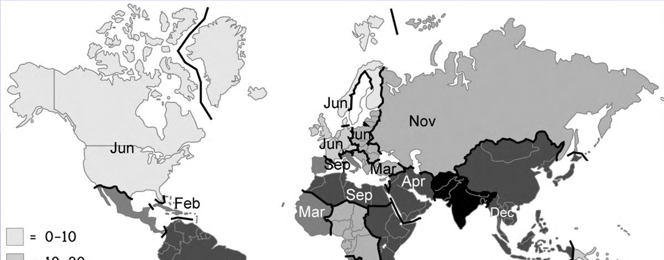 Map showing Campylobacte risk per 100 000 returning travellers to Sweden from different regions