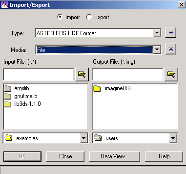 3. Στο κουτί Type επιλέγουµε τον τύπο import που µας ενδιαφέρει. Συγκεκριµένα εµείς χρησιµοποιήσαµε ASTER EOS HDF FORMAT.