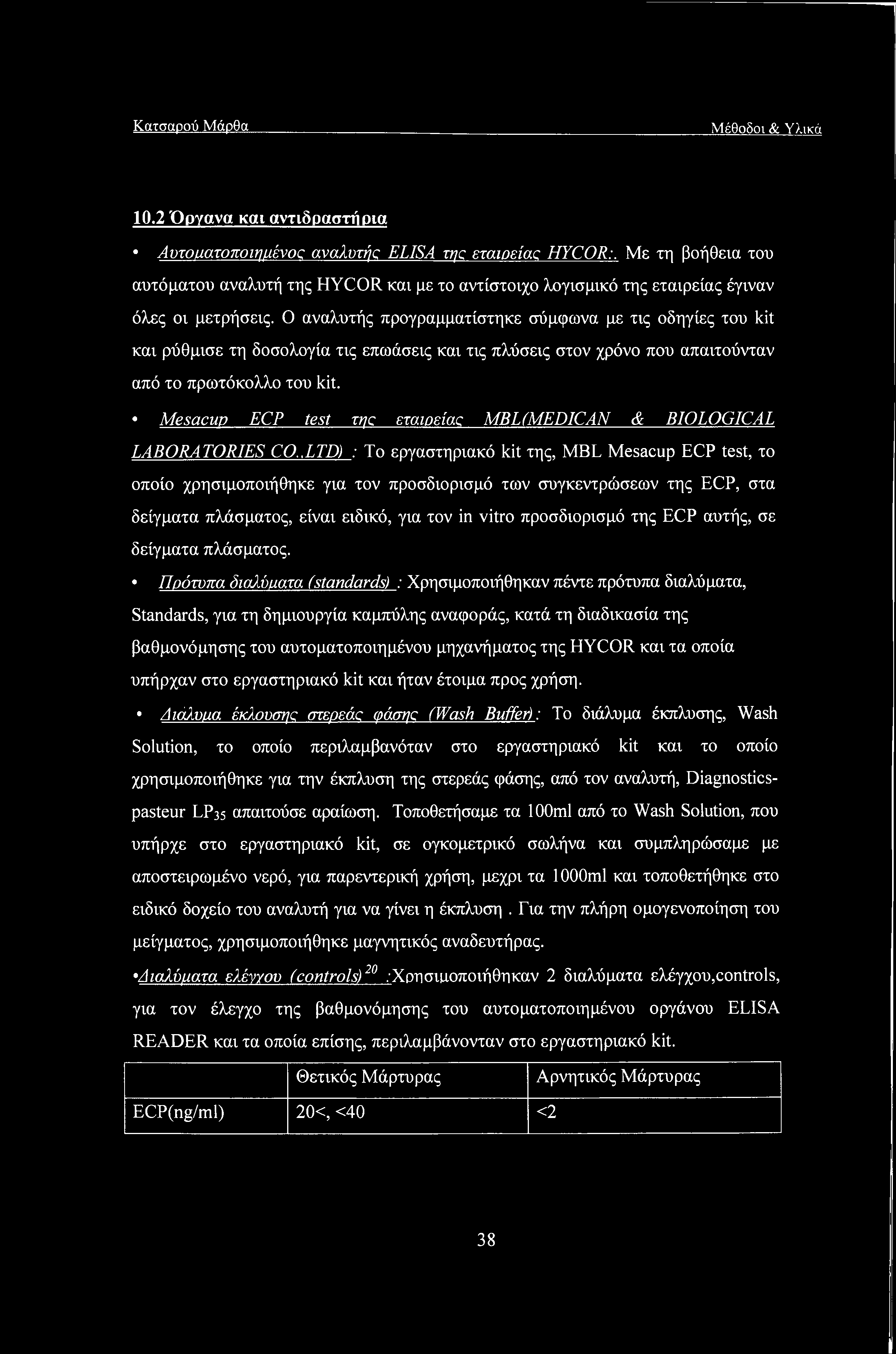 Ο αναλυτής προγραμματίστηκε σύμφωνα με τις οδηγίες του kit και ρύθμισε τη δοσολογία τις επωάσεις και τις πλύσεις στον χρόνο που απαιτούνταν από το πρωτόκολλο του kit.