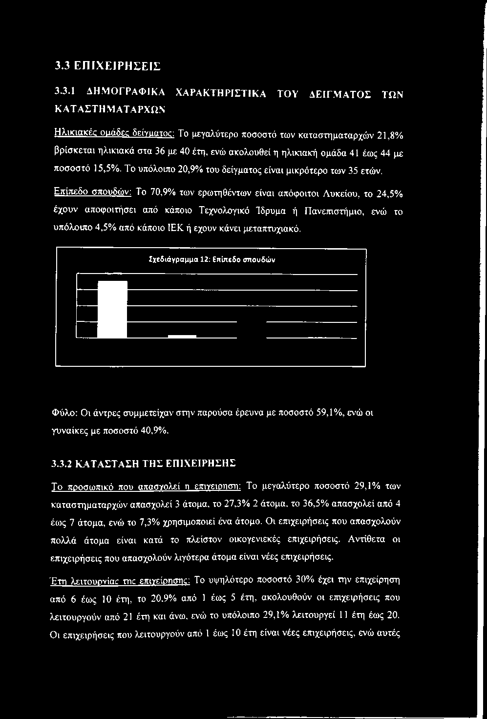 ΑΤΑΣΤΑΣΗ ΤΗΣ ΕΠΙΧΕΙΡΗΣΗΣ Το προσωπικό που απασχολεί τι επιχειοηστι: Το μεγαλύτερο ποσοστό 29,1% των καταστηματαρχών απασχολεί 3 άτομα, το 27,3% 2 άτομα, το 36,5% απασχολεί από 4 έως 7 άτομα, ενώ το