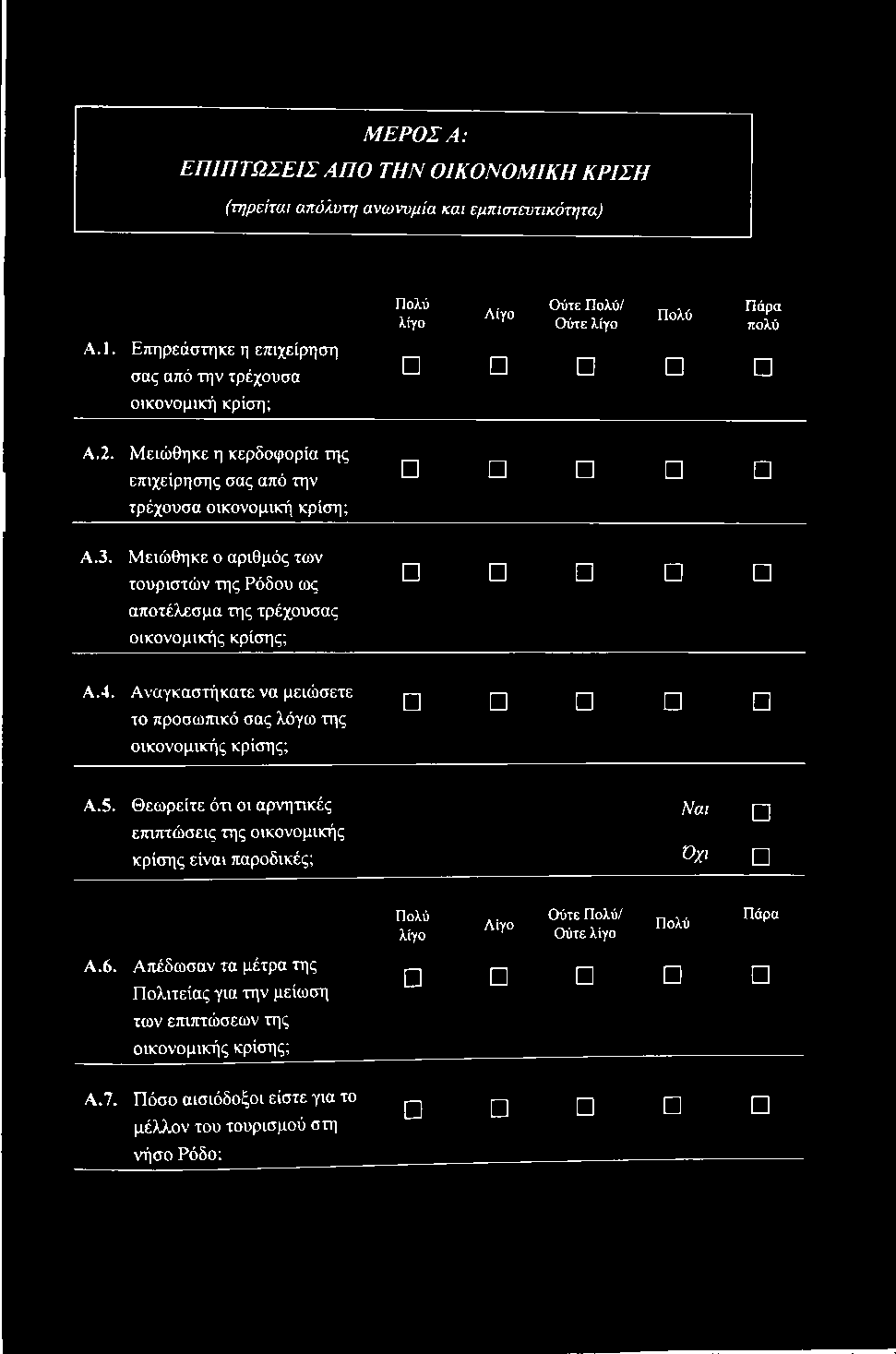 Μειώθηκε ο αριθμός των τουριστών της Ρόδου ως αποτέλεσμα της τρέχουσας οικονομικής κρίσης; Α.4. Αναγκαστήκατε να μειώσετε το προσωπικό σας λόγω της οικονομικής κρίσης; Α.5.