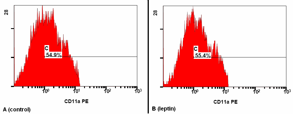 Surface expression levels of protein CD18 in human monocytes. Cells were incubated with leptin 160 ng/ml for 30 min /37 o C.