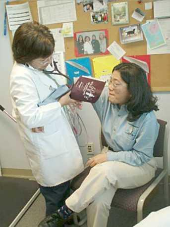 Ιατρός και ασθενής μιλάνε Η ασθενής είναι αγχωμένη Η περιχειρίδα είναι πάνω από τα ρούχα Ο βραχίονας είναι πάνω από το επίπεδο της καρδιάς Η ασθενής
