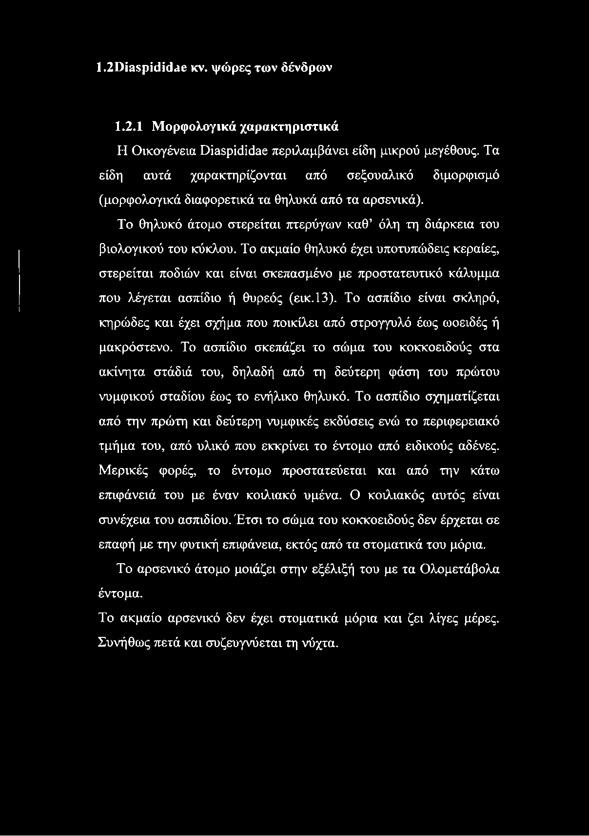 Το ακμαίο θηλυκό έχει υποτυπώδεις κεραίες, στερείται ποδιών και είναι σκεπασμένο με προστατευτικό κάλυμμα που λέγεται ασπίδιο ή θυρεός (εικ.13).