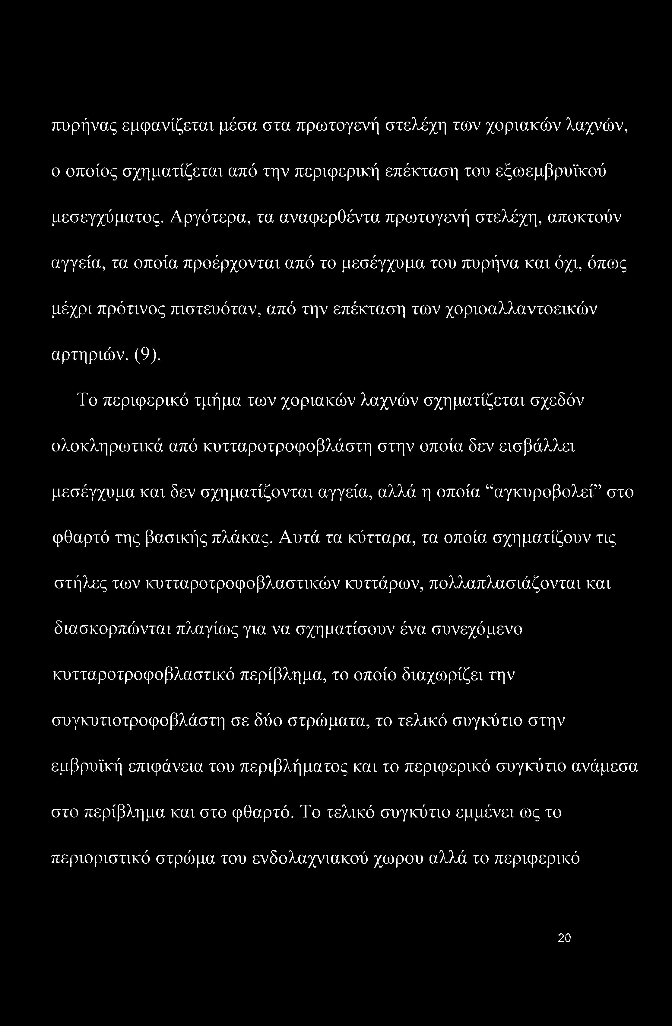 πυρήνας εμφανίζεται μέσα στα πρωτογενή στελέχη των χοριακών λαχνών, ο οποίος σχηματίζεται από την περιφερική επέκταση του εξωεμβρυϊκού μεσεγχύματος.