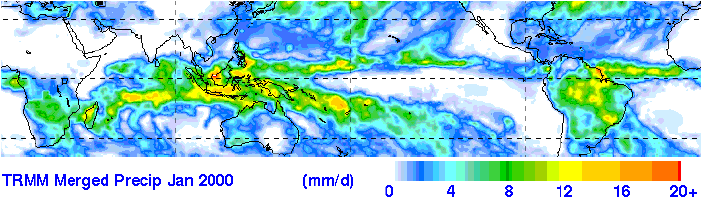 ΣΧΗΜΑ 3. Χάρτης της μέσης έντασης βροχής για τον Ιανουάριο 2000 με βάση το συνδυασμό του παθητικού αισθητήρα TMI και του ενεργητικού ραντάρ PR του δορυφόρου TRMM. 2.4.
