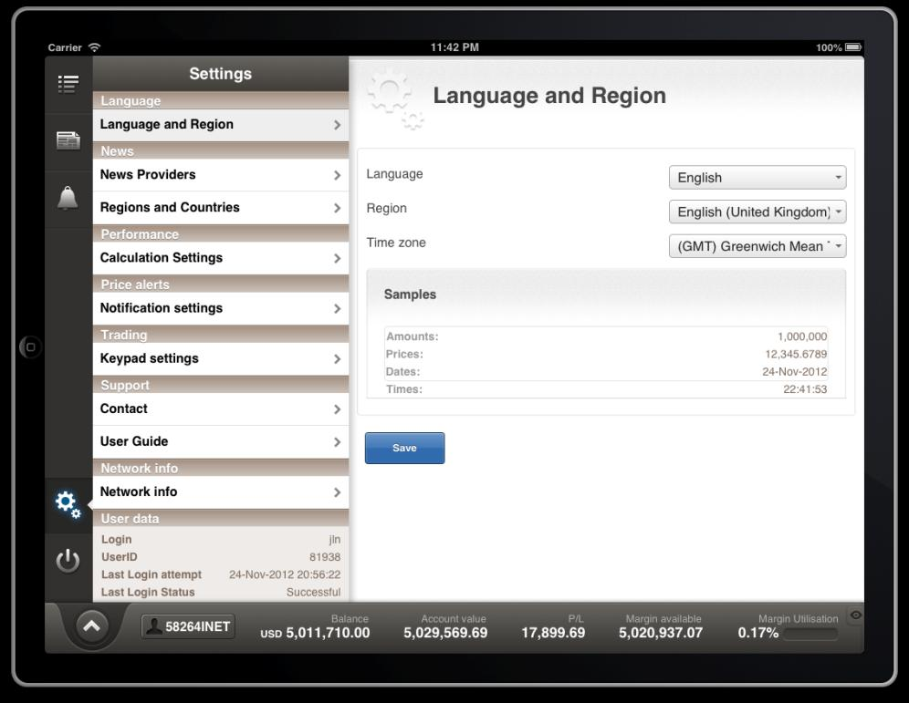 Ρυθμίσεις Επιλέγοντας Ρυθμίσεις από το κεντρικό μενού έχετε τη δυνατότητα να καθορίσετε τα ακόλουθα στοιχεία της πλατφόρμας συναλλαγών σας: Γλώσσα και περιοχή Πάροχοι ειδήσεων περιοχές και χώρες