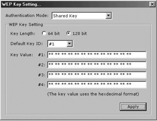 Ρύθµιση κρυπτογράφησης WEP Ορίστε το "Authentication Mode" σε "Shared Key". Στη συνέχεια ορίστε το "Key length" στα 64 bit ή στα 128 bit.