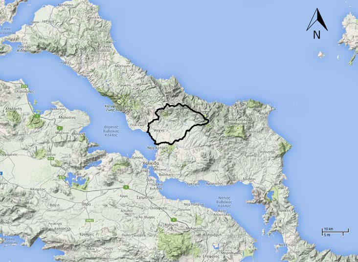 2. ΓΕΩΓΡΑΦΙΑ ΠΕΡΙΟΧΗΣ- ΧΡΗΣΕΙΣ ΓΗΣ 2.1 Γεωγραφική θέση Η περιοχή μελέτης ανήκει στην κεντρική Εύβοια (Σχήμα 1) και ειδικότερα στο δυτικό τμήμα της, ενώ καταλαμβάνει 216,17 km 2 σε έκταση.
