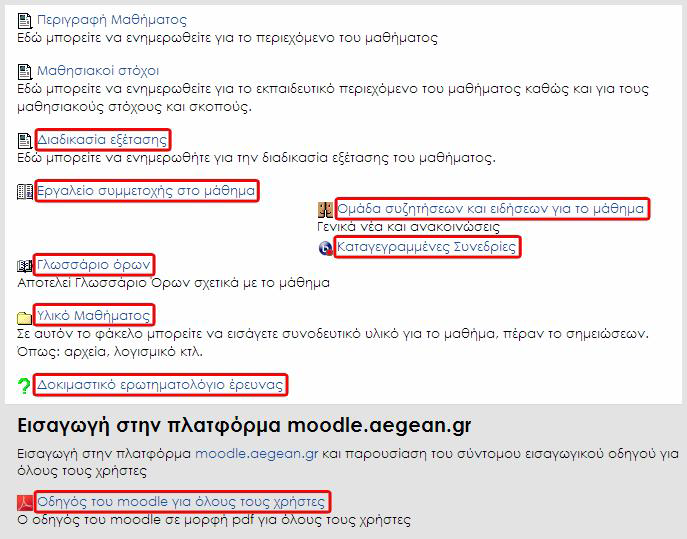 πάνω από τις εβδομαδιαίες ή τις θεματικές ενότητες, στο πλαίσιο της Γενικής ενότητας. Κάθε Πηγή πληροφορίας, όπως και κάθε Δραστηριότητα, έχει διαφορετικό εικονίδιο για να διακρίνεται πιο εύκολα.