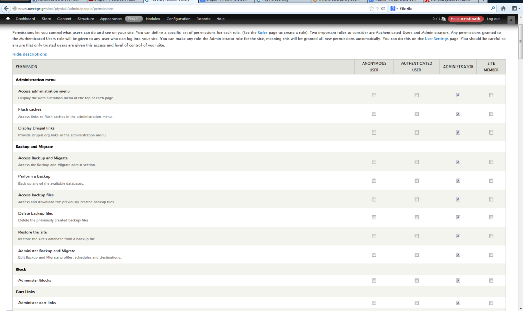 Εικόνα 4.33 Drupal (Permissions - Ορισμός δικαιωμάτων) 4.4.6 Ρυθμίσεις Store Στο store επίσης ρυθμίζουμε όλες τις λεπτομέριες που αφορούν τα προϊόντα του ηλεκτρονικού καταστήματος.