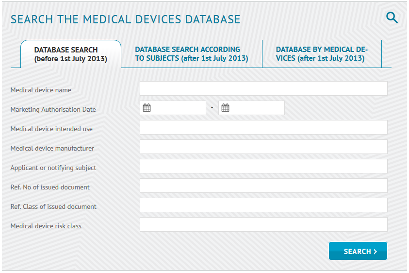 Η πρώτη περιέχει ιατρικές συσκευές που έχουν καταχωρηθεί πριν από την 1η Ιουλίου του 2013 και είναι προσβάσιμη για αναζήτηση μέσω της επιλογής " Αναζήτηση βάσης δεδομένων (πριν την 1η Ιουλίου 2013)"