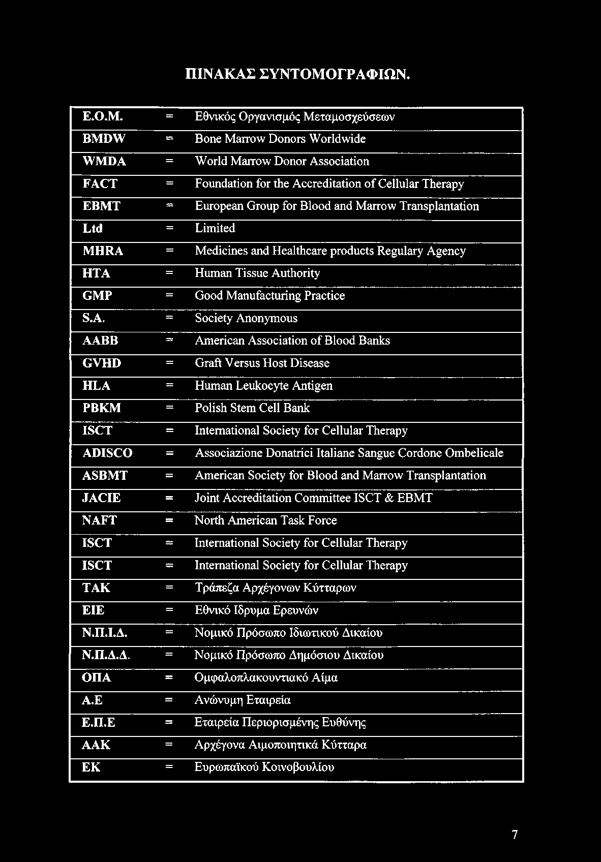 = Εθνικός Οργανισμός Μεταμοσχεύσεων BMDW = Bone Marrow Donors Worldwide WMDA = World Marrow Donor Association FACT = Foundation for the Accreditation of Cellular Therapy ΕΒΜΤ = European Group for