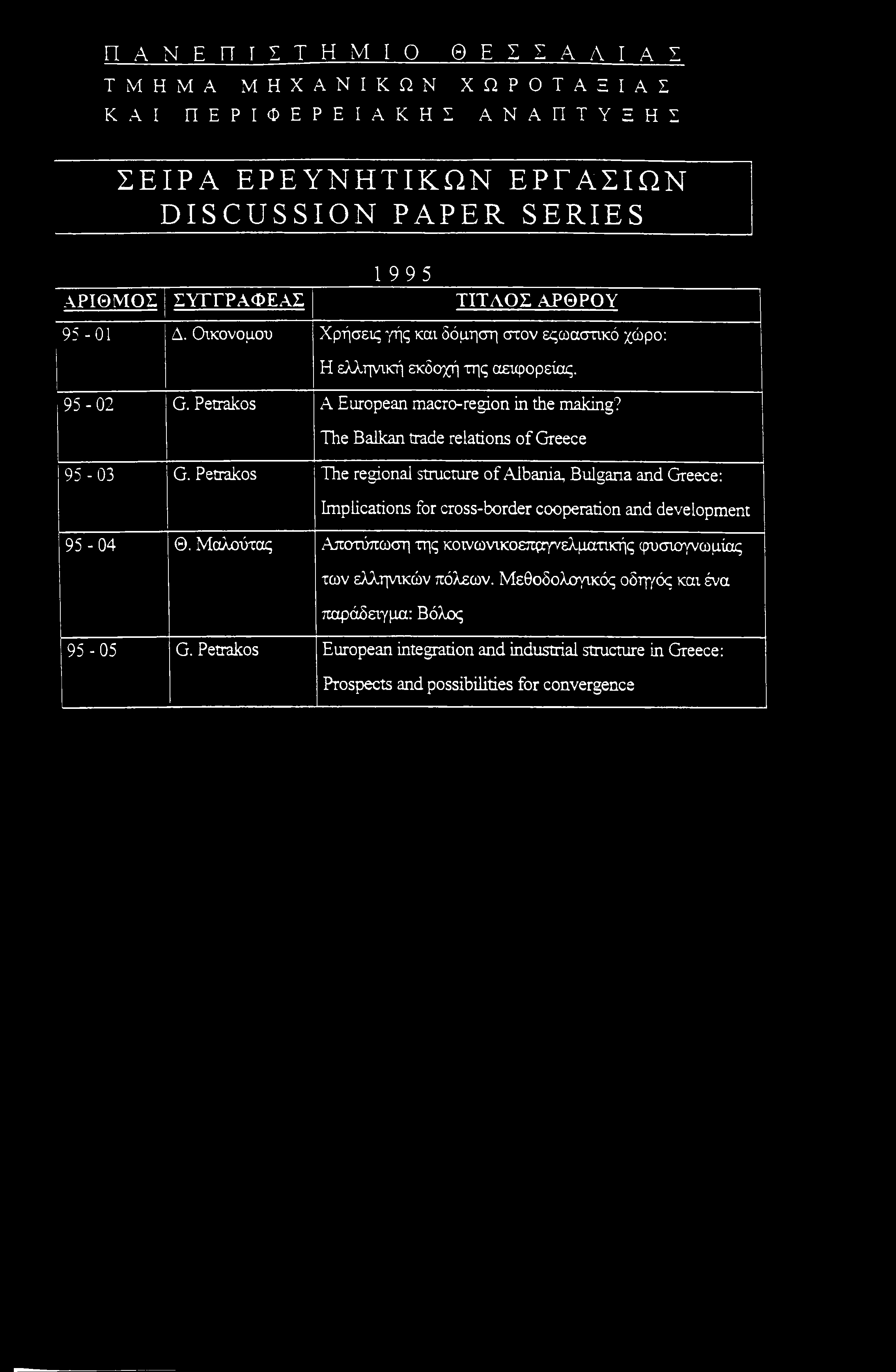 The Balkan trade relations of Greece 95-03 G. Petrakos The regional structure of Albania, Bulgaria and Greece: Implications for cross-border cooperation and development 95-04 Θ.