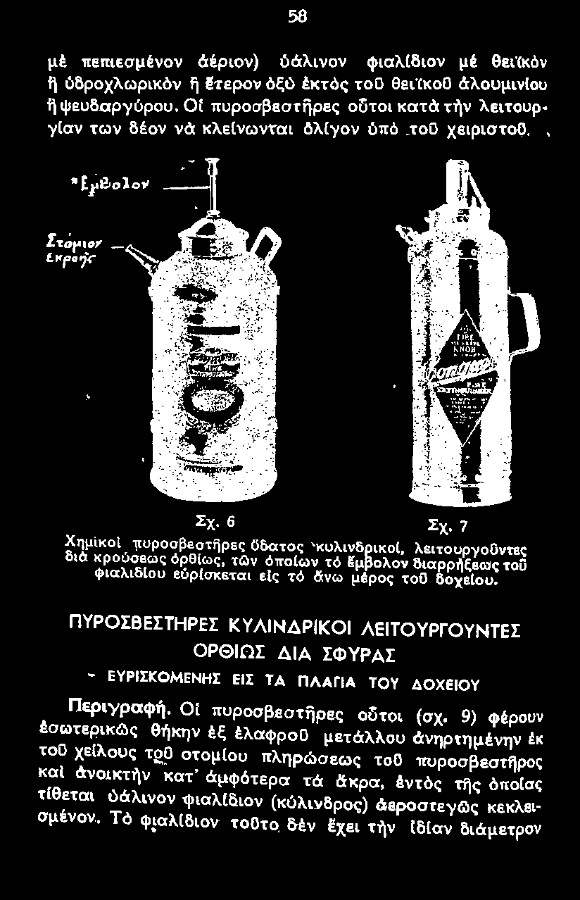 Περιγραφή. Οι πυροσβεστfiρες οίίτοι (σχ. 9) φέρουν έσωτερικl.\ς θfικην έξ έλαφροο μετάλλου άνηρτημένην!