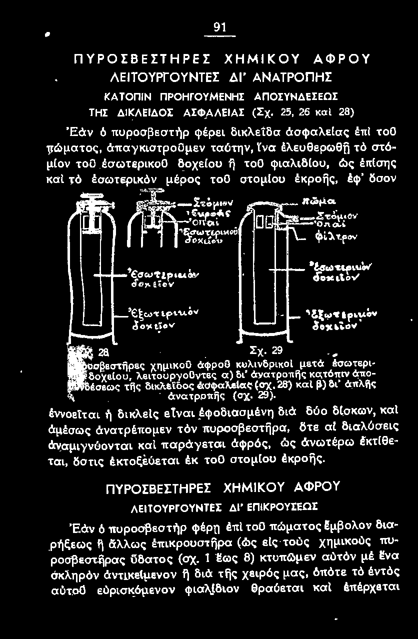 έννοείται ή δικλεtς εtναι έφοδιασμένη διά δύο δ(σκων, και άμέσως άνατρέττομεν τόν πυροσβεστijρα, δτε σι διαλύσεις άναμιγνύονται και 1tαpάγεται άφρός, ώς άνωτέρω έκτ{θεται, δστις έκτοξεύεται έκ τοο