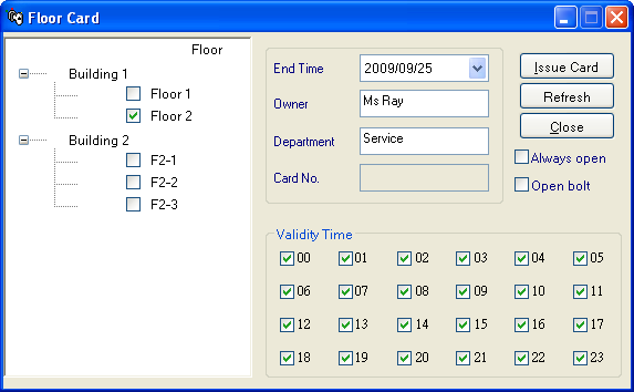 ιαδικασία Επιλέξτε Issue Key Card> Floor Card, στο αναδυόμενο παράθυρο εισάγετε το όνομα του χρήστη της κάρτας στο πεδίο Owner, επιλέξτε τον όροφο από την λίστα ορόφου, και ορίσετε ημερομηνία λήξης