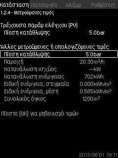 3 Εναλλακτικά σημεία ρύθμισης (4.1.2). 8.4.5 Επίδραση σημείου ρύθμισης (1.2.3) Σχ. 15 Μετρούμενες τιμές Η οθόνη δίνει μια γενική κατάσταση όλων των μετρούμενων και υπολογιζόμενων παραμέτρων.