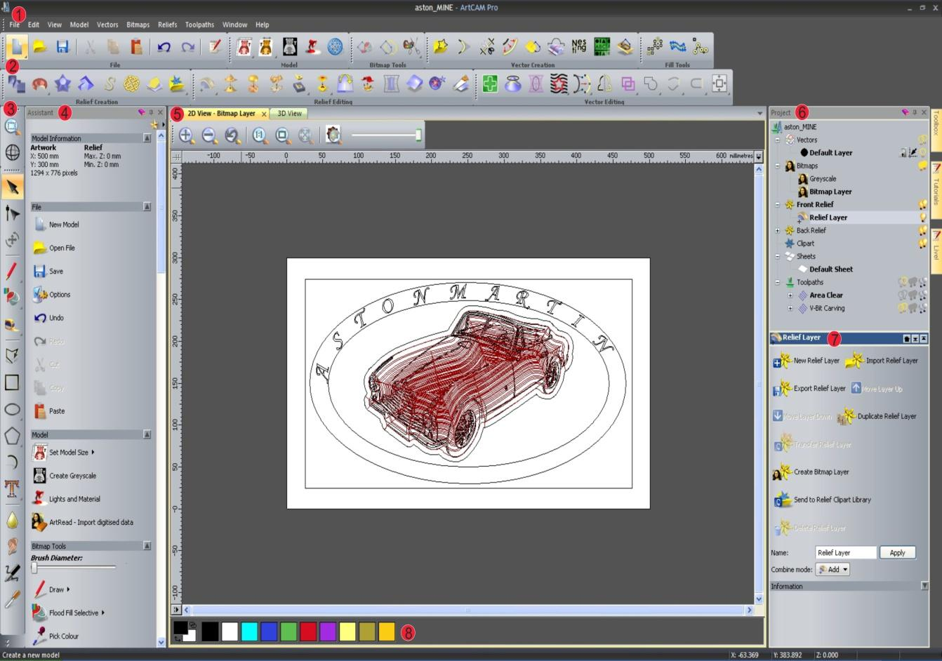 3. Οδηγός λογισμικού artcam Pro 2012 3.1 Interface Παρακάτω παρουσιάζεται μία γενική άποψη της επιφάνειας εργασίας του λογισμικού Σχήμα 3.