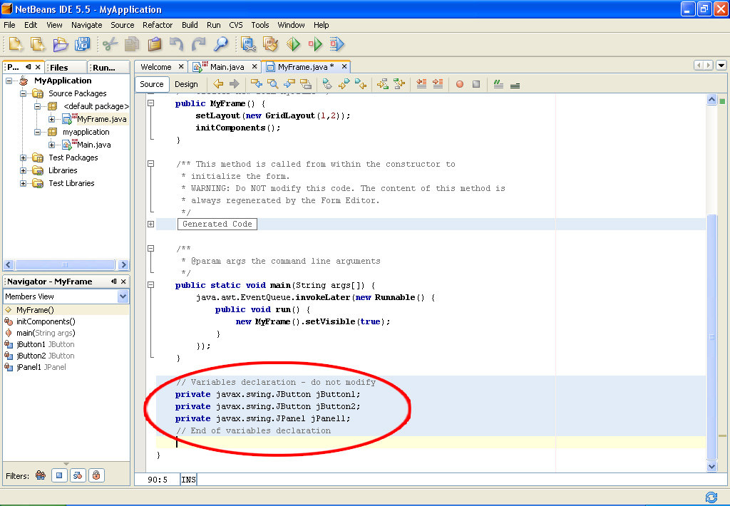 Εικόνα 12: Ο παραγόµενος κώδικας του NetBeans στο GUI του σχήµατος 4.2.3.1. Με κύκλο τονίζεται ο µη-επεξεργάσιµος κώδικας.