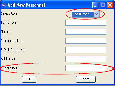 Εικόνα 22: Εισαγωγή στοιχείων στην περίπτωση Consultant. Τονίζεται η επιλογή του ρόλου η οποία επηρεάζει το τελευταίο πεδίο συµπλήρωσης το οποίο εµφανίζεται.