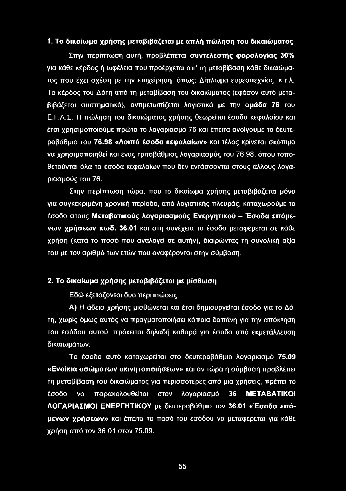 Γ.Λ.Σ. Η πώληση του δικαιώματος χρήσης θεωρείται έσοδο κεφαλαίου και έτσι χρησιμοποιούμε πρώτα το λογαριασμό 76 και έπειτα ανοίγουμε το δευτεροβάθμιο του 76.