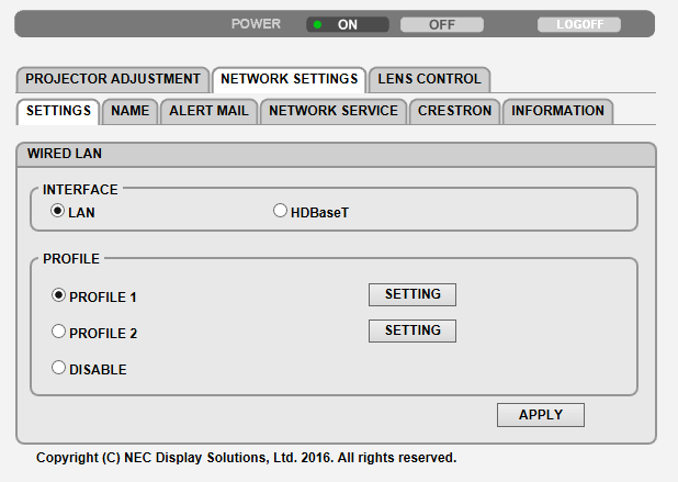 3. Πρακτικές Λειτουργίες NETWORK SETTINGS http://<διεύθυνση IP της Συσκευής Προβολής (Βασική)>/index.