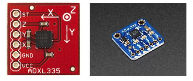 Εικόνα 1: Ο αισθητήρας επιτάχυνσης ADXL 335 (της Sparkfun, αριστερά). Ένας παρόμοιος accelerόμετρο από την Adafruit (δεξιά). τις μετρήσεις, για προσδιορίζει τη θέση / προσανατολισμό ενός κινητού. 8.