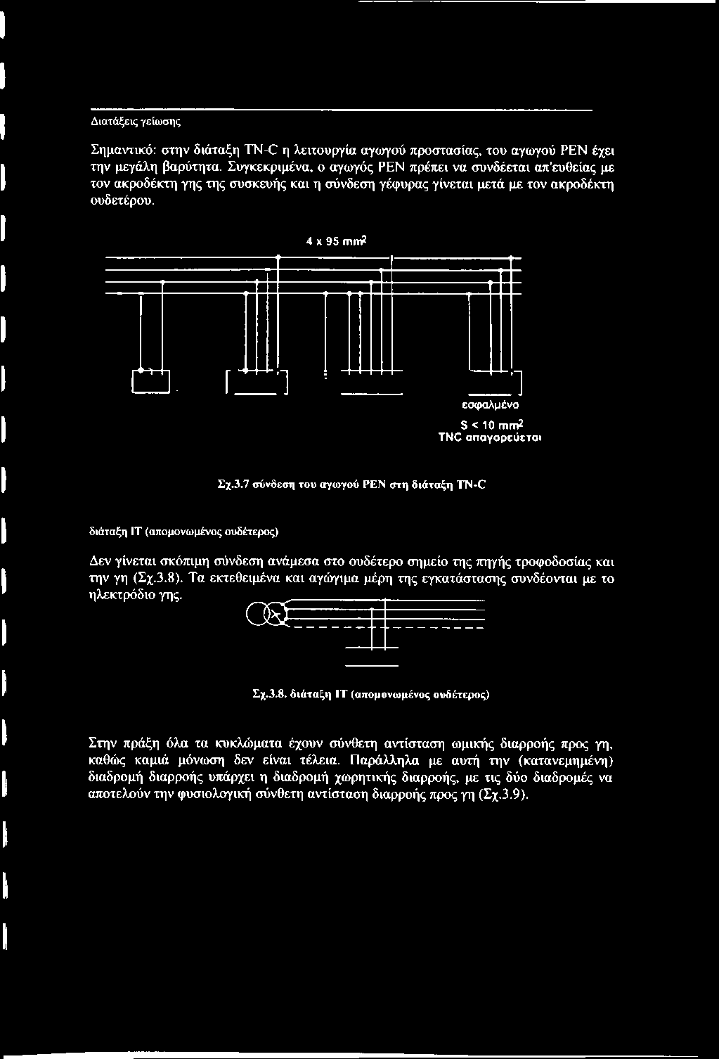 3.7 σύνδεση του αγωγού PEN στη διάταξη TN-C διάταξη IT (απομονωμένος ουδέτερος) Δεν γίνεται σκόπιμη σύνδεση ανάμεσα στο ουδέτερο σημείο της πηγής τροφοδοσίας και την γη (Σχ.3.8).