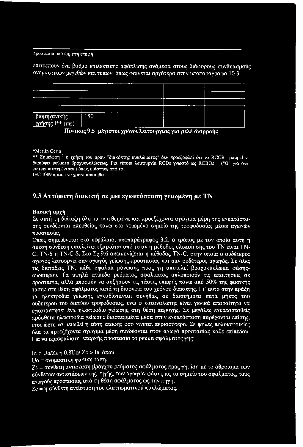 5 μέγιστοι χρόνοι λειτουργίας για ρελέ διαρροής *Merlin Gerin ** Σημείωση ' η χρήση του όρου "διακόπτης κυκλώματος" δεν προεξοφλεί ότι το RCCB μπορεί ν διακόψει ρεύματα βραχυκυκλώσειος.