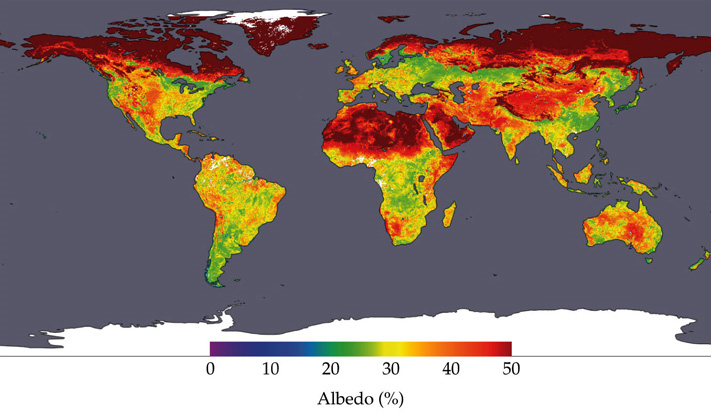Χάρτης 1: Ανακλαστικότητα της γήινης ακτινοβολίας της Γης Ανακλαστικότητα της γήινης ακτινοβολίας της Γης, όπως μετρήθηκε από το δορυφόρο TERRA.