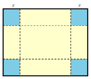 34. Για να κατασκευάσουμε ένα ανοικτό κουτί από ένα ορθογώνιο χαρτόνι με διαστάσεις 5 dm και 8 dm, κόβουμε ίσα τετράγωνα, πλευράς x, από κάθε γωνία του και γυρίζουμε προς τα πάνω τις πλευρές του