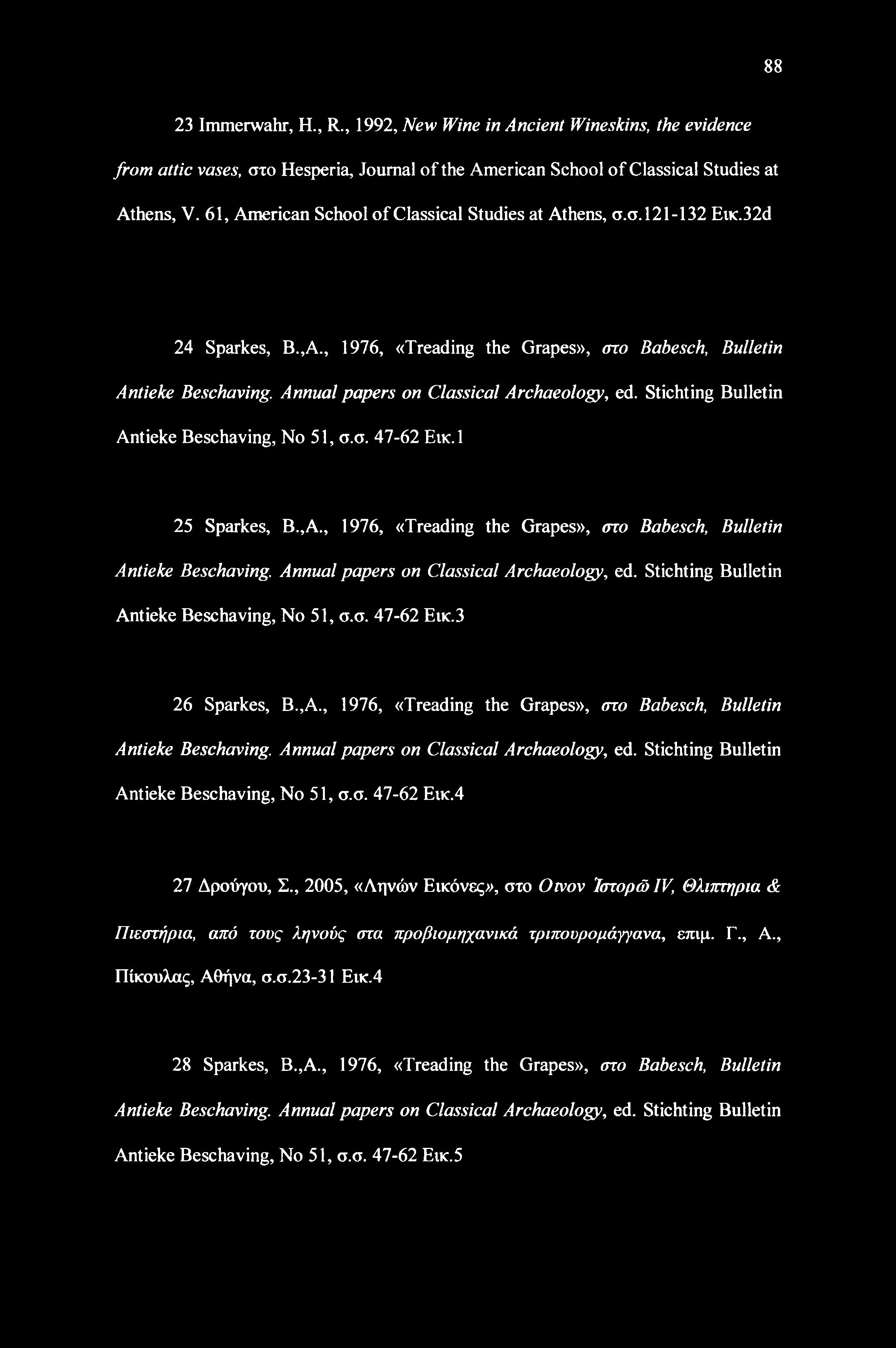 Annual papers on Classical Archaeology, ed. Stichting Bulletin Antieke Beschaving, No 51, σ.σ. 47-62 Εικ.1 25 Sparkes, Β.,Α., 1976, «Treading the Grapes», στο Babesch, Bulletin Antieke Beschaving.
