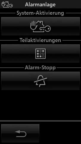 Einbruchssicherung Die Aktivierung/Deaktivierung der Diebstahlsicherungsanlage über den Touchscreen erfolgt ähnlich wie bei der Digitaltastatur, also über Eingabe von PIN-Codes; die Bildschirmanzeige